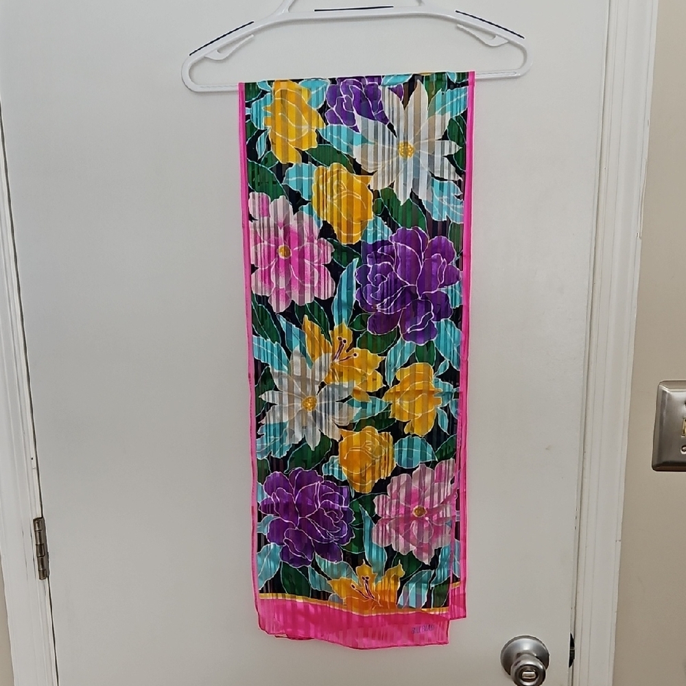 Vintage 80's Bill Blass Hot Pink Silk Floral Scarf Japan 11"x58"